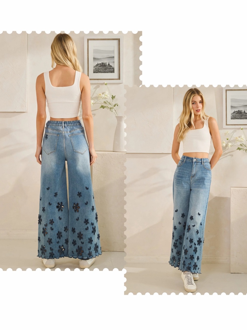 OLI & HALI MINERAL WASHED FLOWER
CUTOUTS SCALLOPED HEM DENIM PANTS - Picture 7 of 8